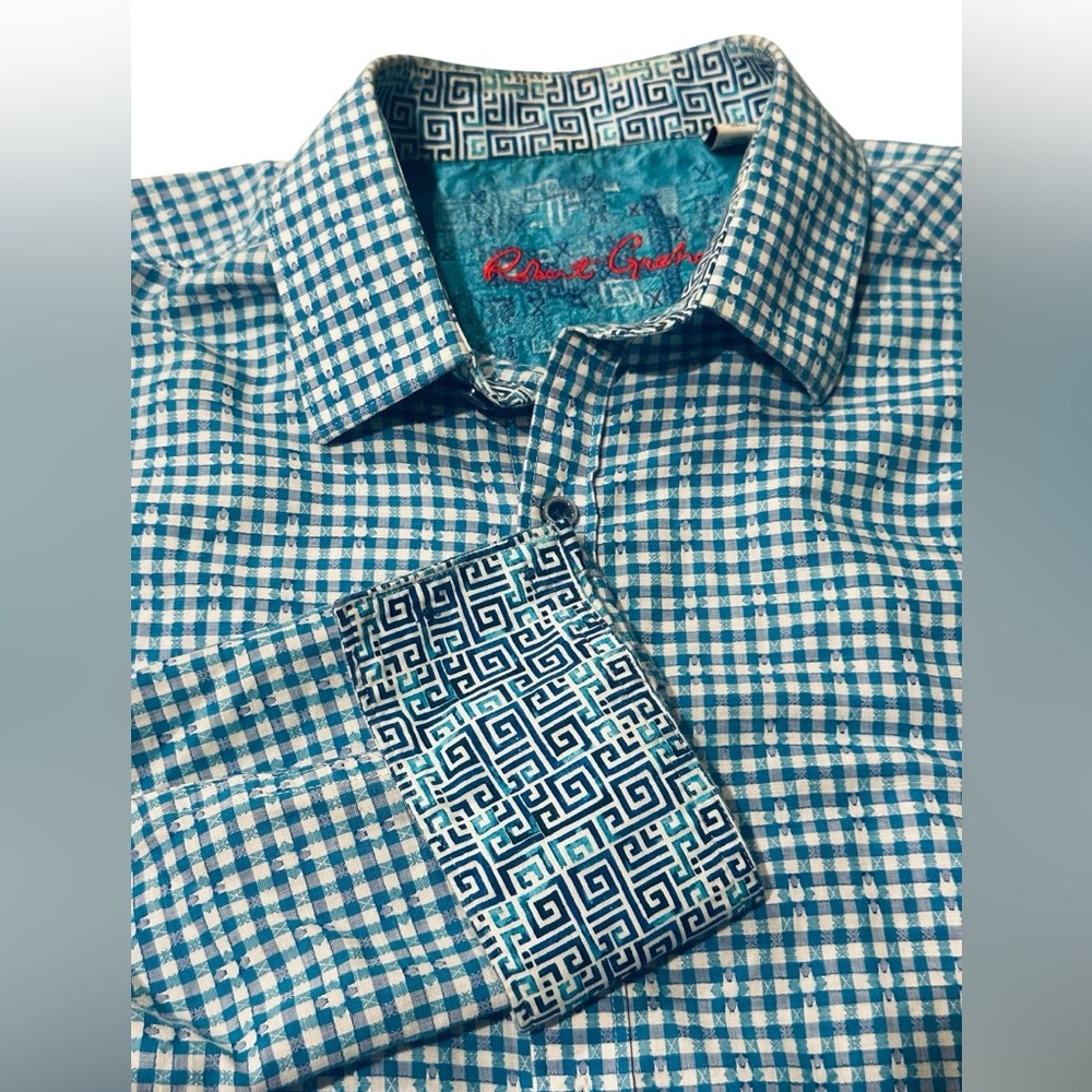 Robert Graham Mens Shirt‎ Button Blue Check Greek Key Flip Cuff Classic L